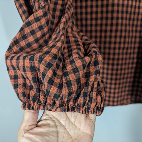A New Day Orange Black Chequered Peasant V-Neck Long Sleeve Blouse Woman Size L - Picture 4 of 5